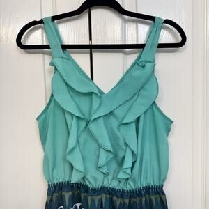 Mossimo Woman's Short Ruffle Dress Teal Geometric Print Elastic Waist V Neck